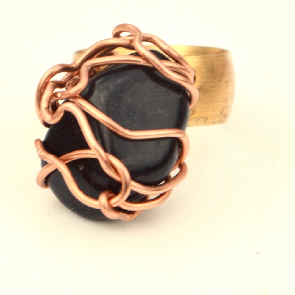 Custom Natural Black Onyx Brass Copper Ring Size - Picture 1 of 4
